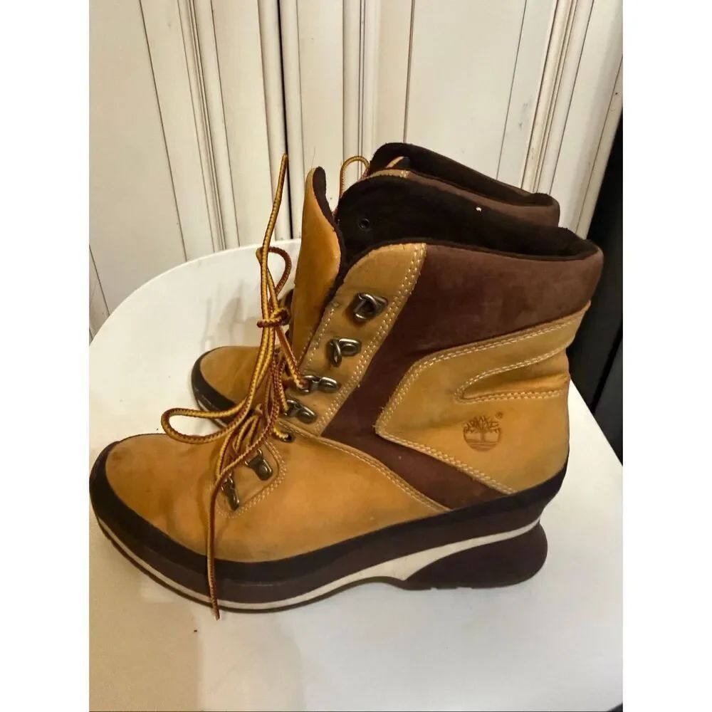 Timberland Women's Canary Leather Lace Up Wedge Ankle Boots Tan Brown Size 8